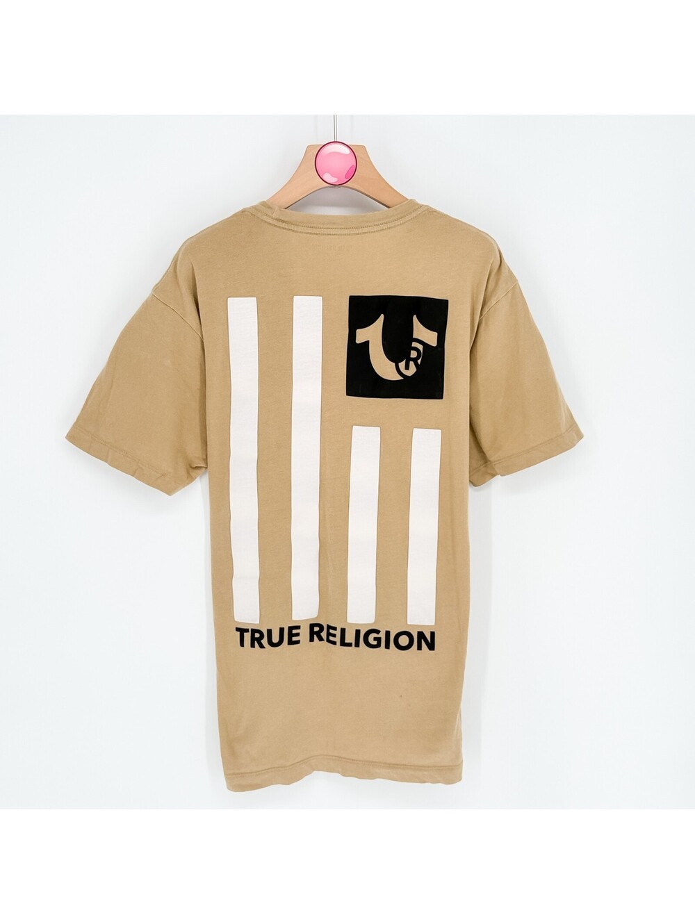 True Religion Flag Pocket Logo Graphic Tee Beige Cotton Streetwear Mens Large - Picture 2 of 4